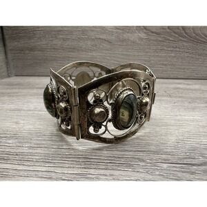 HECHO EN MEXICO Silver Tone Aztec Warrior Abalone Panel Bracelet 7"